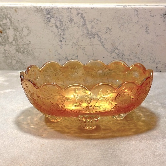 Carnival Glass Iridescent Small Candy Dish Vintage Jeanette Amber Floral Pattern - Picture 11 of 12